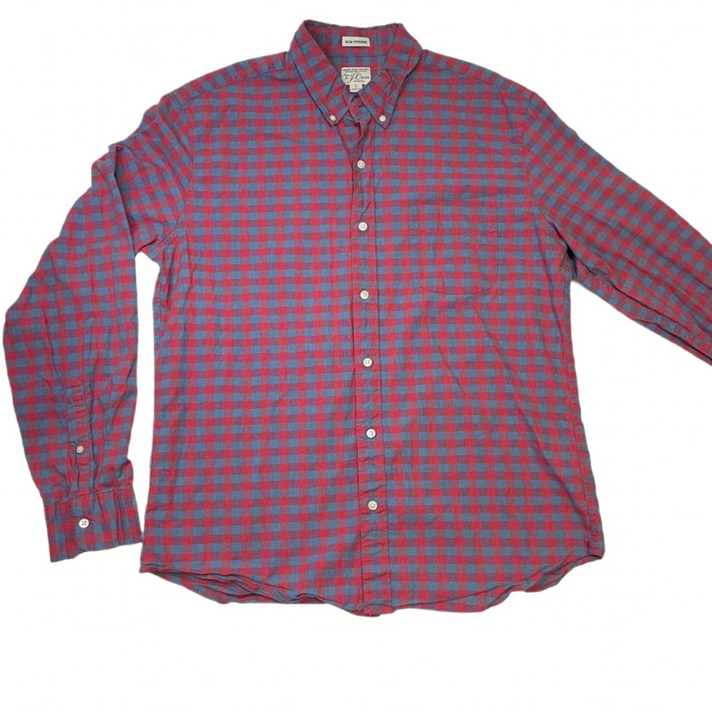 J.CREW Men's L Slim Untucked Secret Wash Gingham Shirt Red Blue